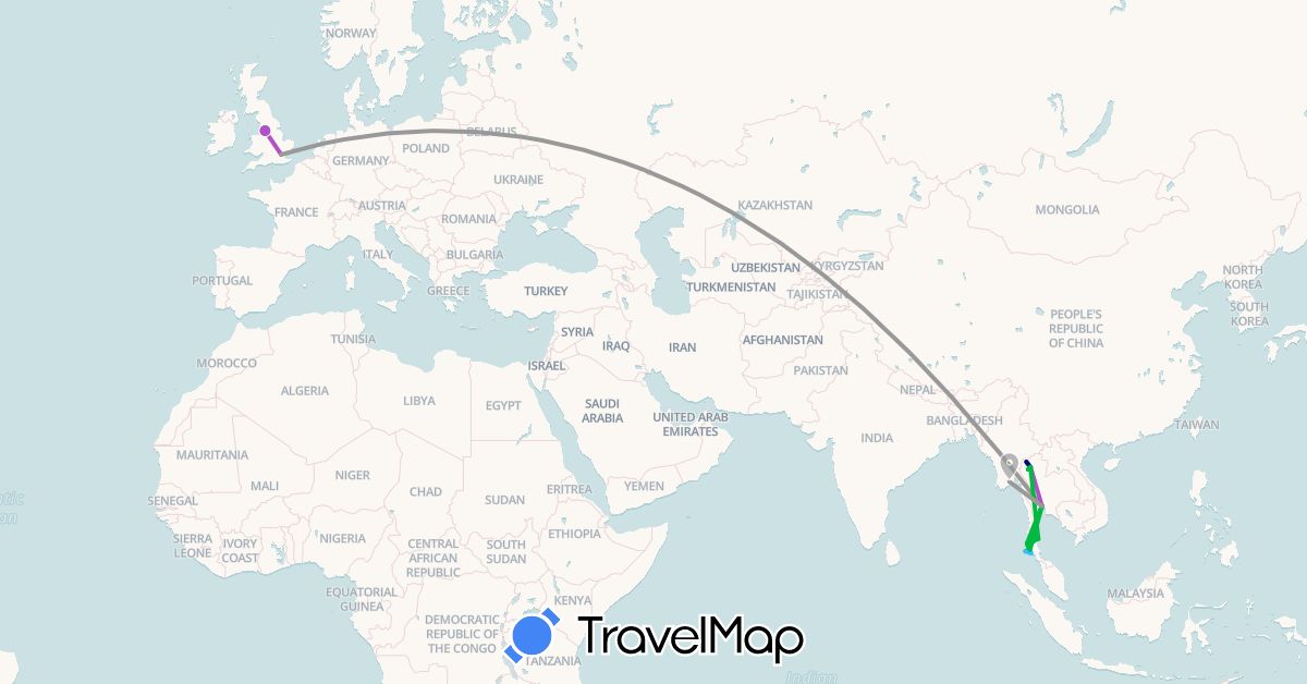TravelMap itinerary: driving, bus, plane, train, boat in United Kingdom, Myanmar (Burma), Thailand (Asia, Europe)